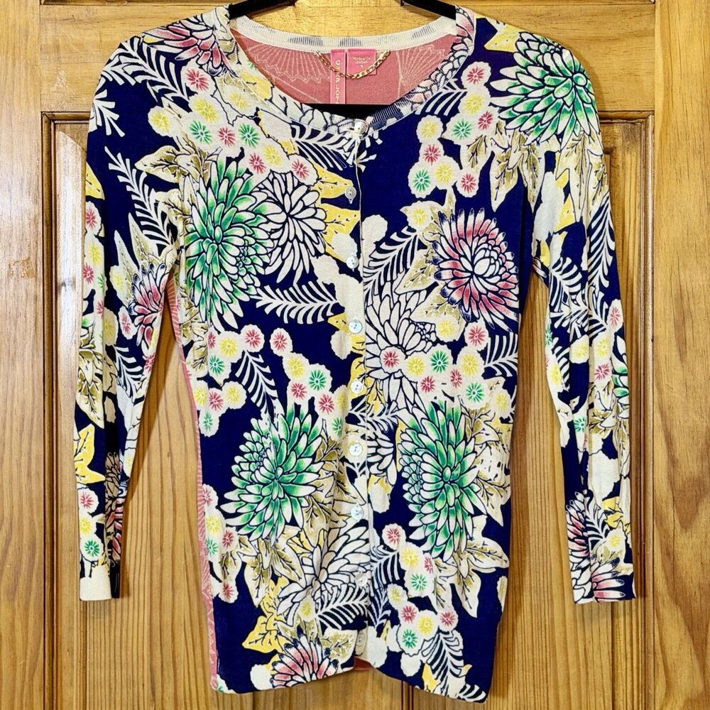 Charlotte Tarantola Silk Cotton Floral Cardigan Sweater S Navy Pink Botanical